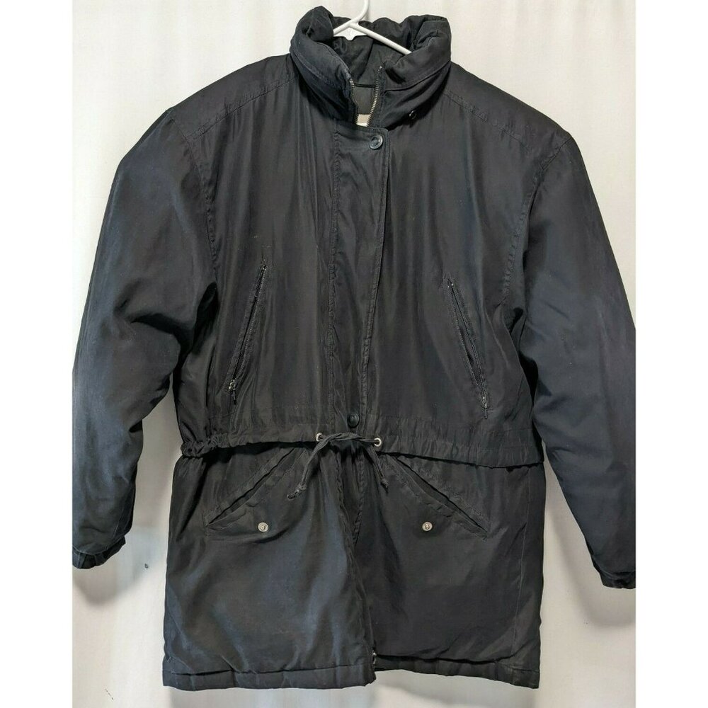 Vintage London Fog Men Down Parka Jacket Black Microfiber Drawstring Size L Flaw